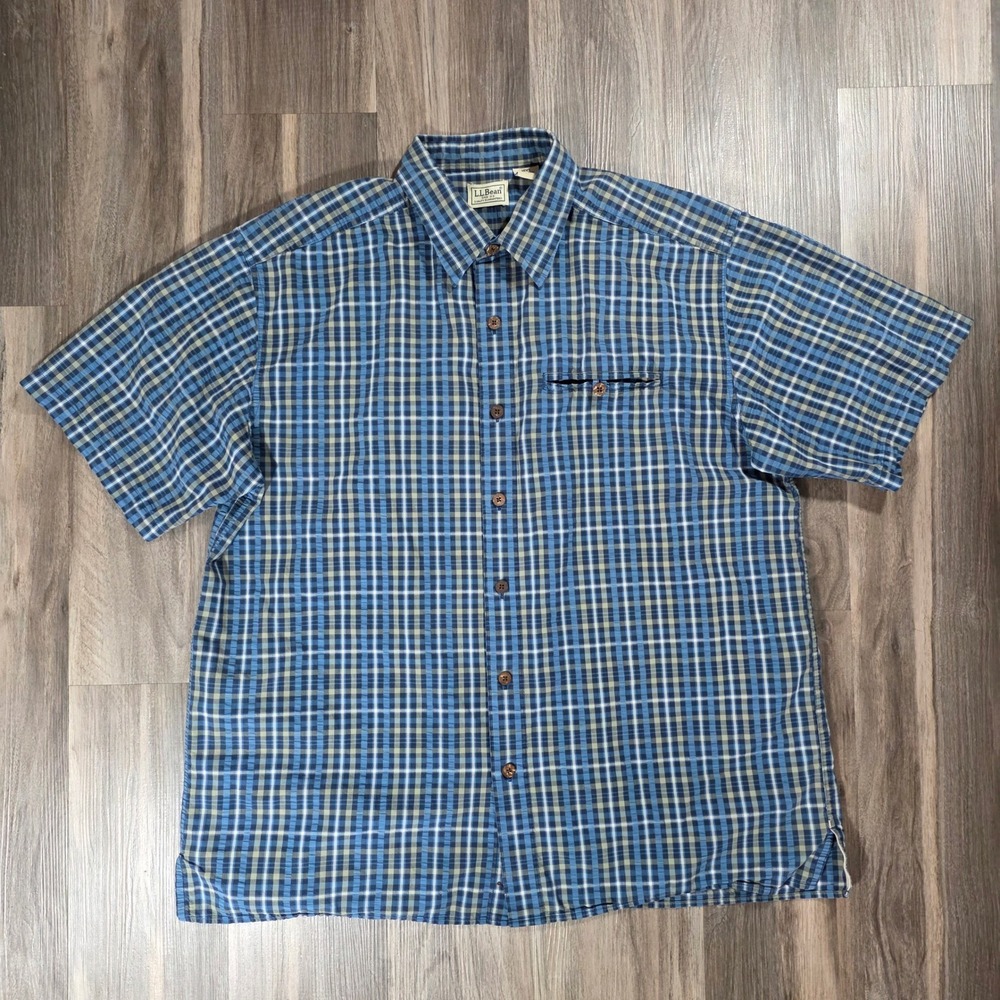 LL Bean Mens Large Blue Plaid Seersucker Short Sleeve Button Down Shirt OXQ71